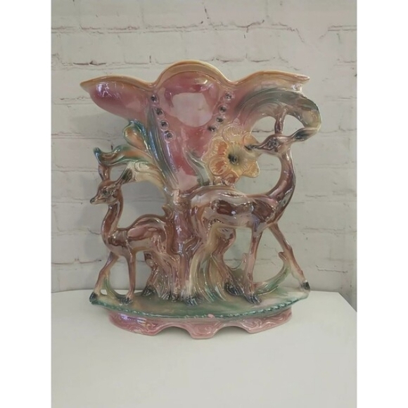 Italy Other - VTG 1950s Italian Lustreware Porcelain Kitsch Art Vase Floral With Deer 12"